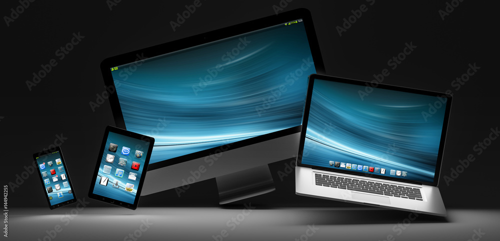 Dark modern computer laptop mobile phone and tablet 3D rendering Dark modern computer laptop mobile phone and tablet 3D rendering