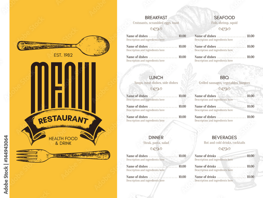 Restaurant menu design. Vector menu brochure template for cafe, coffee house, restaurant, bar. Food and drinks logotype symbol design. With a sketch pictures - obrazy, fototapety, plakaty 