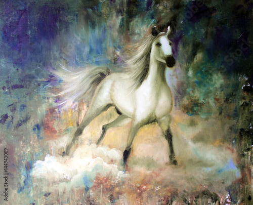 Handwork oil illustration. .White horse on a mystical abstract background