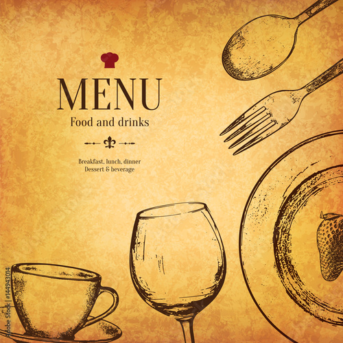 Restaurant menu design. Vector menu brochure template for cafe, coffee house, restaurant, bar. Food and drinks logotype symbol design. With a sketch pictures