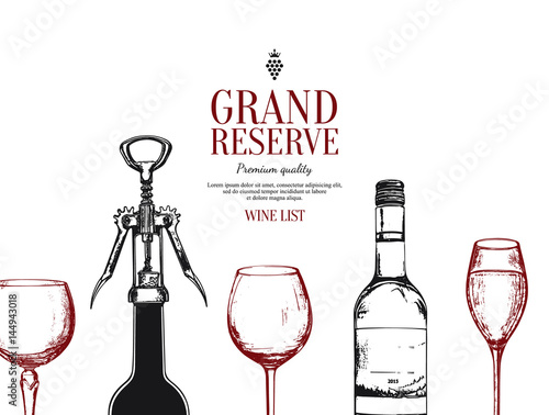 Wine list design. Vector brochure template for winery, cafe, restaurant, bar. Wine bottles and glasses