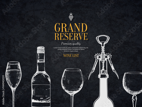 Wine list design. Vector brochure template for winery, cafe, restaurant, bar. Wine bottles and glasses