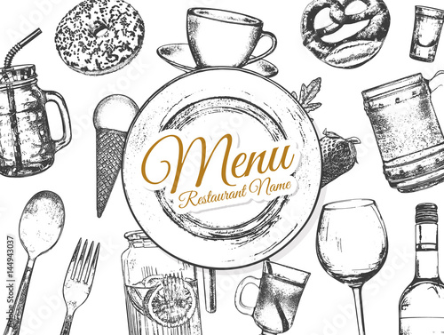 Restaurant menu design. Vector menu brochure template for cafe, coffee house, restaurant, bar. Food and drinks logotype symbol design. With a sketch pictures
