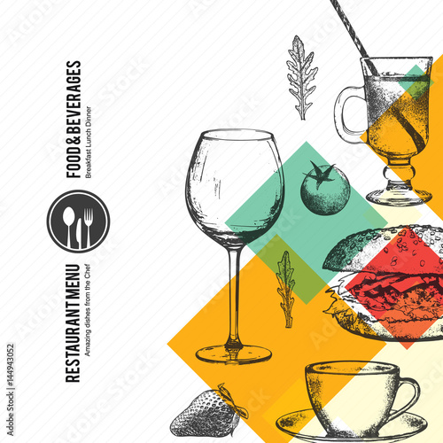 Restaurant menu design. Vector menu brochure template for cafe, coffee house, restaurant, bar. Food and drinks logotype symbol design. With a sketch pictures