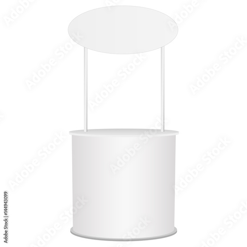 Promotion trade stand with oval banner isolated. Mockup for design, branding, marketing projects. Point-of sale. Vector illustration