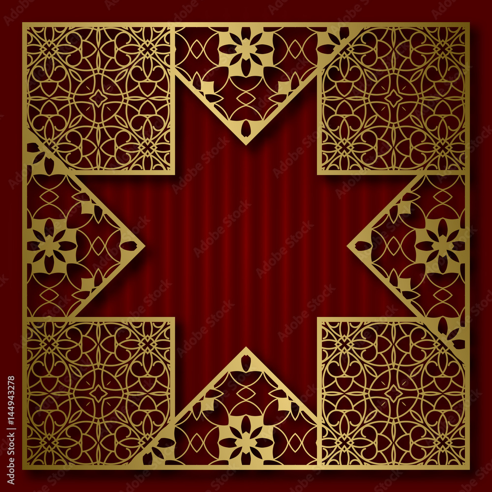 Golden cover background with traditional patterned frame in eight pointed star form. Golden cover background with traditional patterned frame in eight pointed star form.