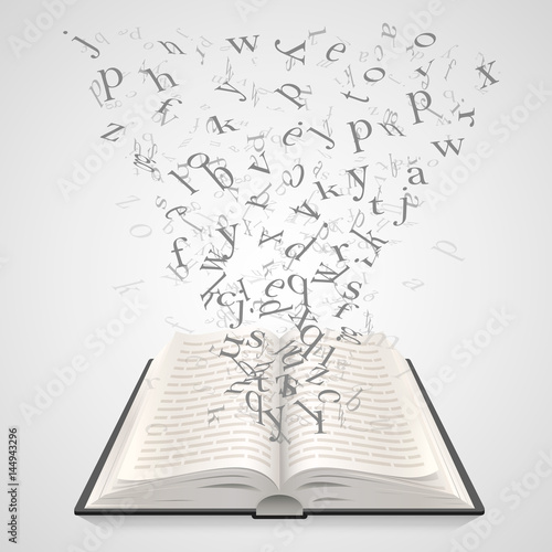 Open book with flying letters on a white background, education art. Vector illustration