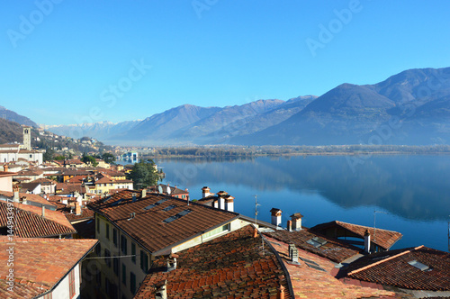 Beautiful landscape of Lake Iseo with roofs houses, Lovere, Italy  photo