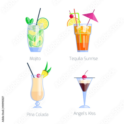 Set of alcoholic cocktails isolated fruit cold drinks tropical cosmopolitan freshness collection and party alcohol sweet tequila vector illustration.