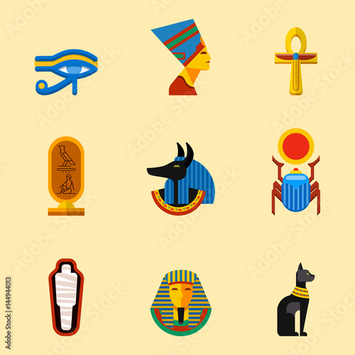 Set of vector flat design egypt travel icons culture ancient elements illustration.