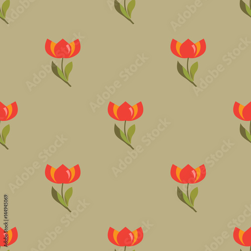 Floral seamless pattern with red tulips on a khaki background