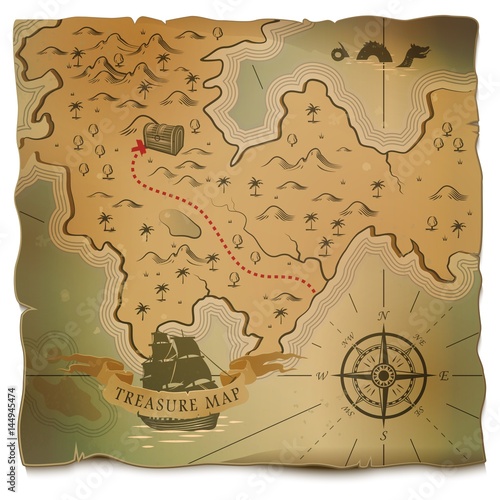 Ship or boat and treasure on old map