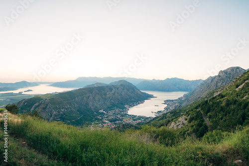 Bay of Kotor with bird's-eye view. The town of Kotor, Muo, Prcanj, Tivat. View of the mountains, sea, clouds