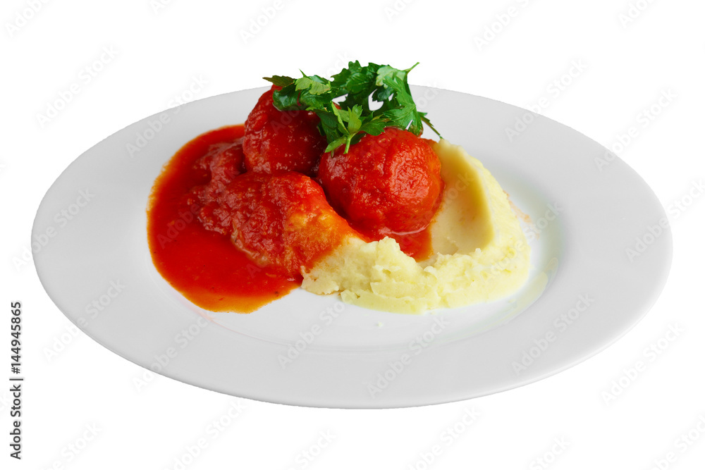 Fish meatballs with mashed potato and tomato sauce isolated on white Fish meatballs with mashed potato and tomato sauce isolated on white