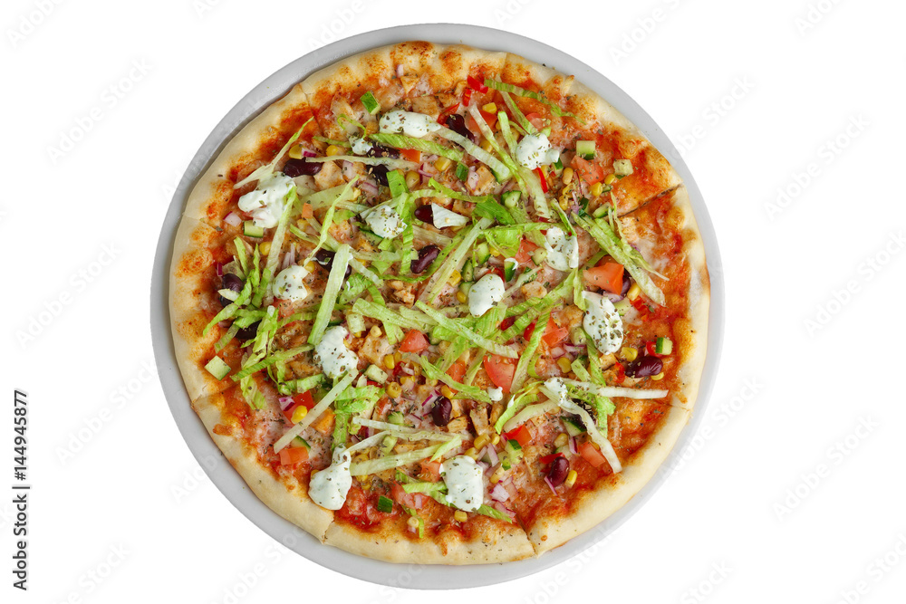 Top view of vegetarian pizza with corn, bean, mozzarella isolated on white Top view of vegetarian pizza with corn, bean, mozzarella isolated on white