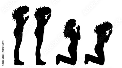 Vector silhouette of woman who prays on white background.