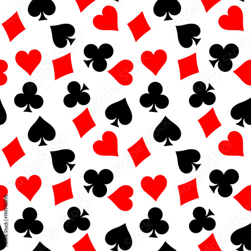 Seamless pattern background of poker suits - hearts, clubs, spades and diamonds - on white background. Casino gambling theme vector illustration.