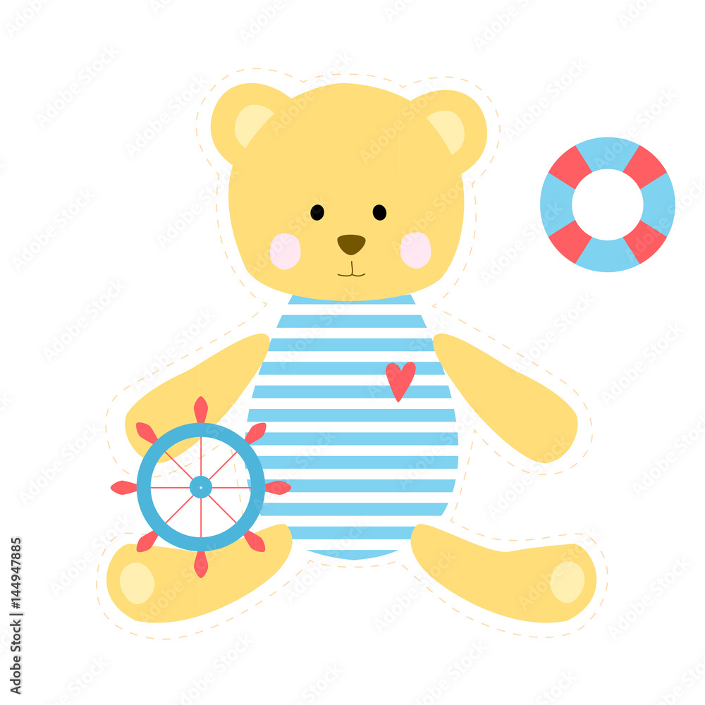 Fototapeta premium Cute teddy bear sailor. In striped clothes with helm and lifebuoy. Nice template for your design.