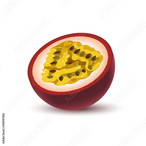 Isolated realistic colored half of juicy purple passion fruit with shadow on white background.