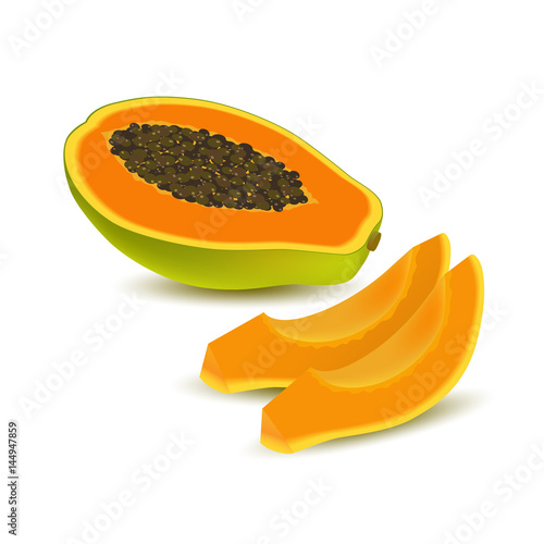 Isolated realistic colored half slice of juicy orange papaya, pawpaw, paw paw with seeds with shadow on white background and two slices without peel. Side view.