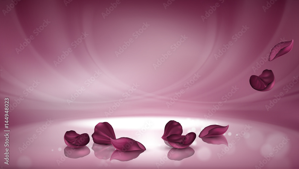 Fototapeta Wektorowy 3D ilustraci menchii tło z Burgundy różanymi płatkami i bokeh