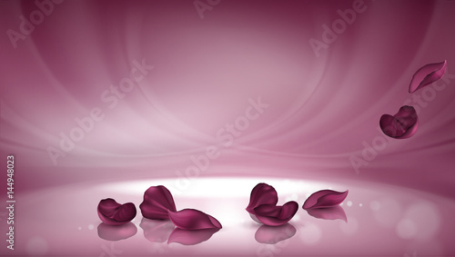 Vector 3D illustration pink background with burgundy rose petals and bokeh