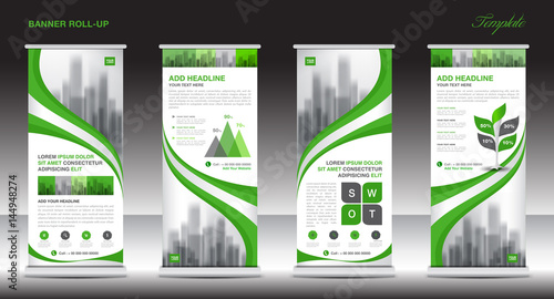 Roll up banner stand template design, Green banner layout, advertisement, stand flyer, polygon background