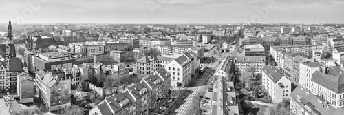 Black and white panoramic view of Szczecin (Stettin) city downtown, Poland.