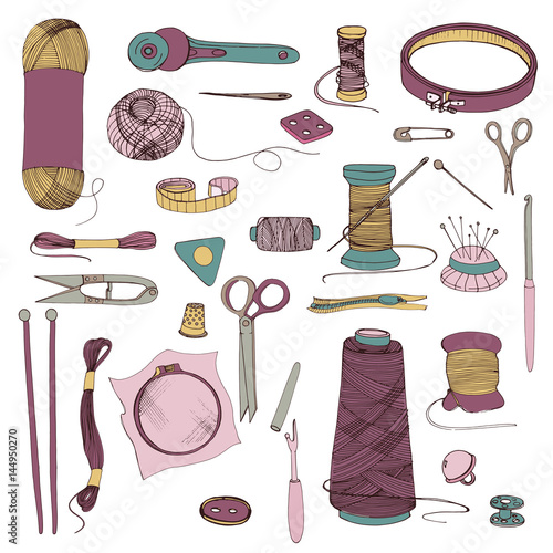 Knitting and sewing accessories. Hand drawn colorful illustrations set.