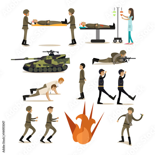 Vector flat icons set of military people and equipment