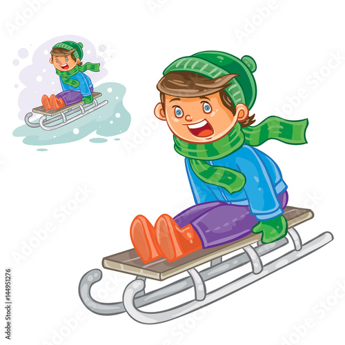 Vector winter illustration of small boy sledding. Print