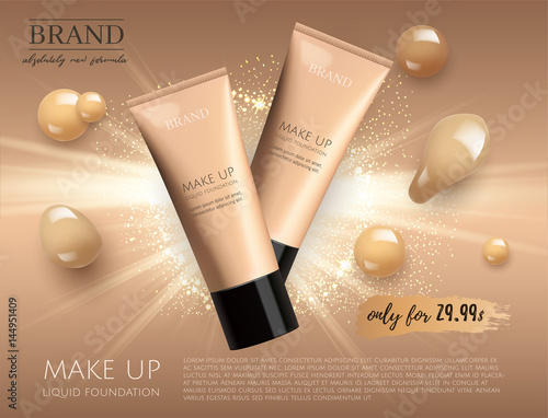 Modern VIP cosmetic ads, make up liquid foundation for sale. Elegant beige and gold color face cream tube with drops of cream isolated on glitter sparkle background , gloss effect. 3D realistic vector