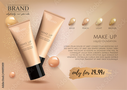 Modern VIP cosmetic ads, make up liquid foundation for sale. Elegant beige and gold color face cream tube with drops of cream isolated on glitter sparkle background , gloss effect. 3D realistic vector