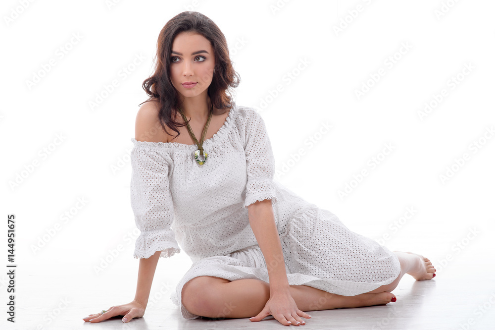 Posing young model wearing luxury silver accessory and jewelry. Girl Isolated on white background Posing young model wearing luxury silver accessory and jewelry. Girl Isolated on white background