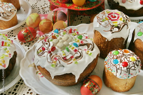 Still life with Nice colorful Easter eggs and traditional Easter cakes