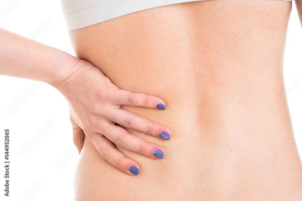Female person body suffers from backache. Closeup on white background. Female person body suffers from backache. Closeup on white background.