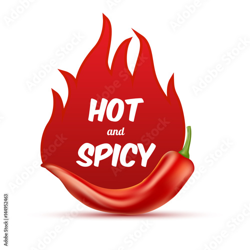 Extra hot and spicy chili paper poster, badge or banner template with fire, isolated on white background.  Fresh and organic food illustration.Vector illustration. EPS 10