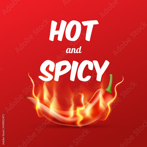 Red hot chili pepper with flame on a red background. Hot and spicy food illustration. Vector illustration. EPS 10