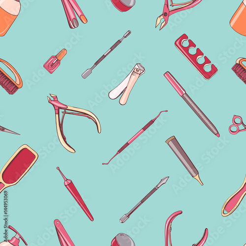 Manicure equipment seamless pattern. Hand drawn contour background.