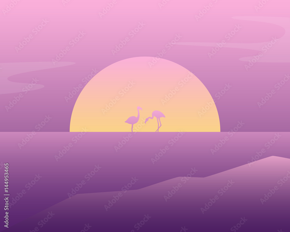 Landscape with pink flamingos in the water. Vector illustration
