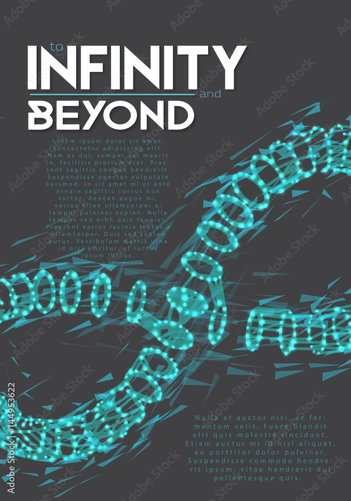 Naklejka premium Illustration of Vector Infinity Symbol. Wireframe Mesh Futuristic Icon Made from Polygons, Flares and Particles