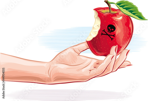 Female hand with poisoned apple just bitten.
