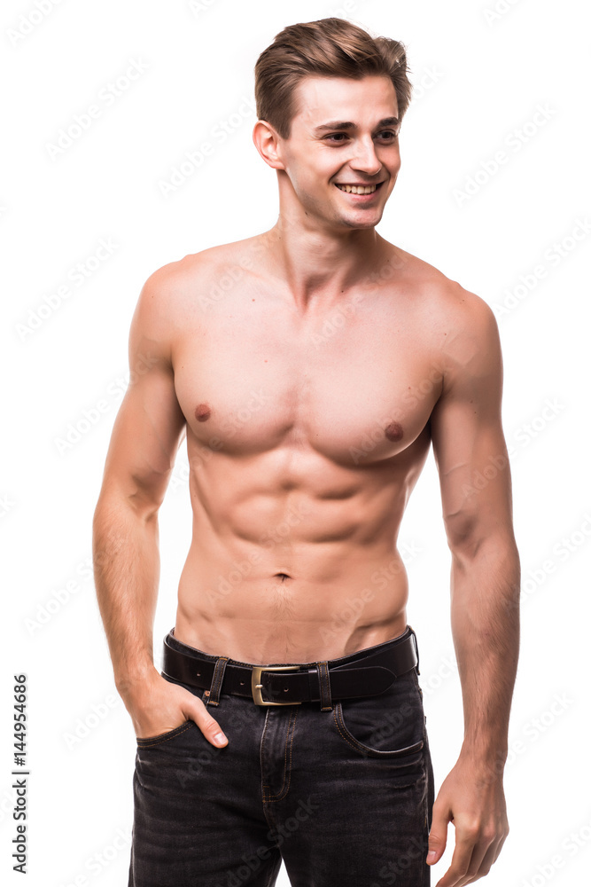 Healthy athlete body with nice muscle on white backgound
