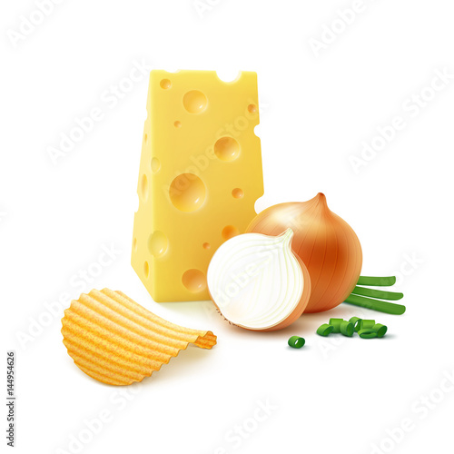 Vector Potato Ripple Crispy Chips with Cheese and Onion Close up Isolated on White Background