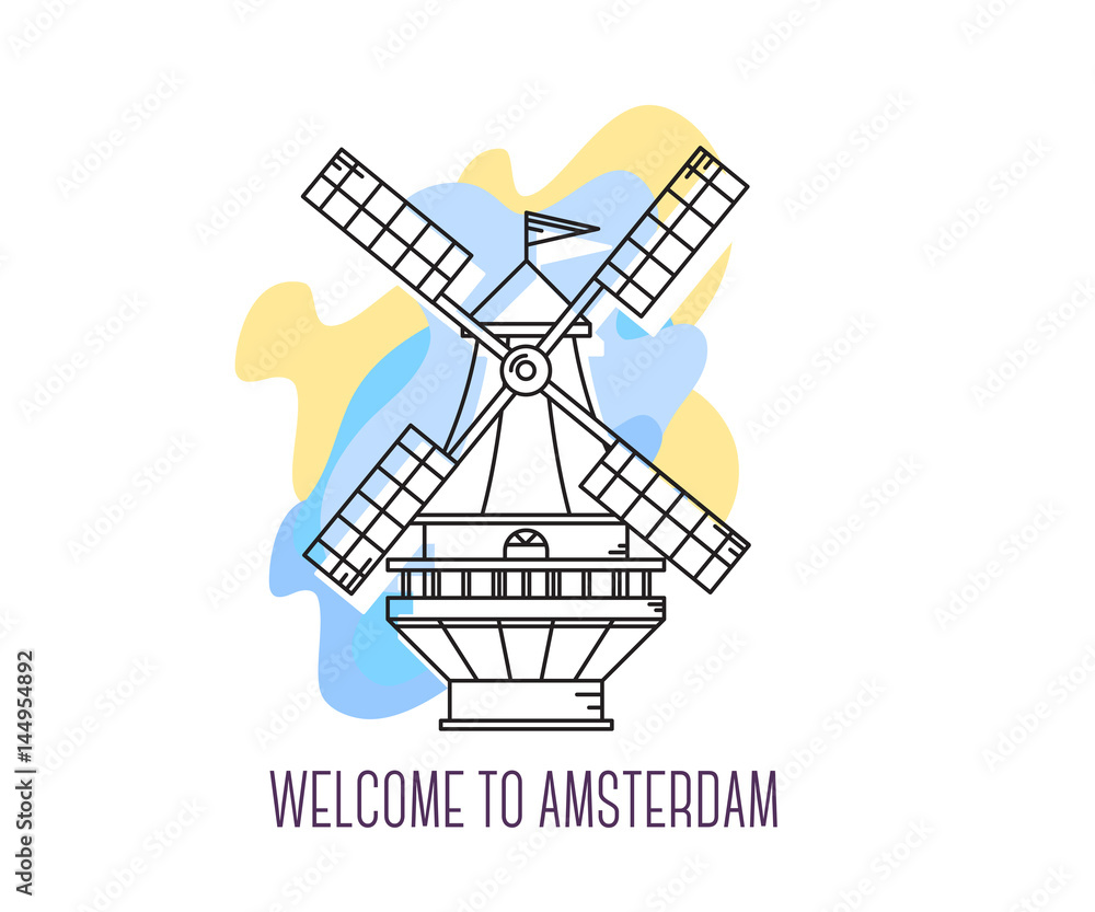 Vector illustration of Windmill the Netherlands. Amsterdam landmark. Symbol of Holland.