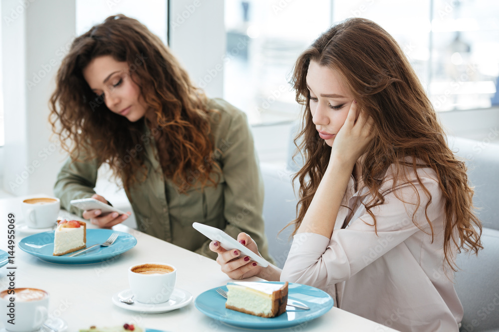 Side view of two women using smartphones in cafe Side view of two women using smartphones in cafe