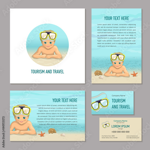 Conceptual beach design, set of corporate style elements for travel company. Smiling boy in mask for diving against sky and sea. Brochure, booklet and business card, vector illustration
