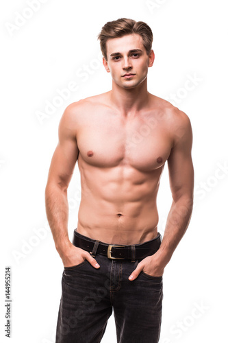 Healthy athlete body with nice muscle on white backgound