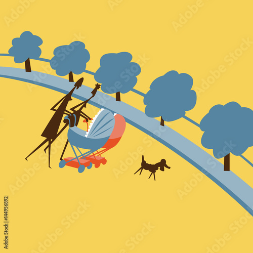 Life in the city. Mothers with theirs babies in the carriages on the walk.