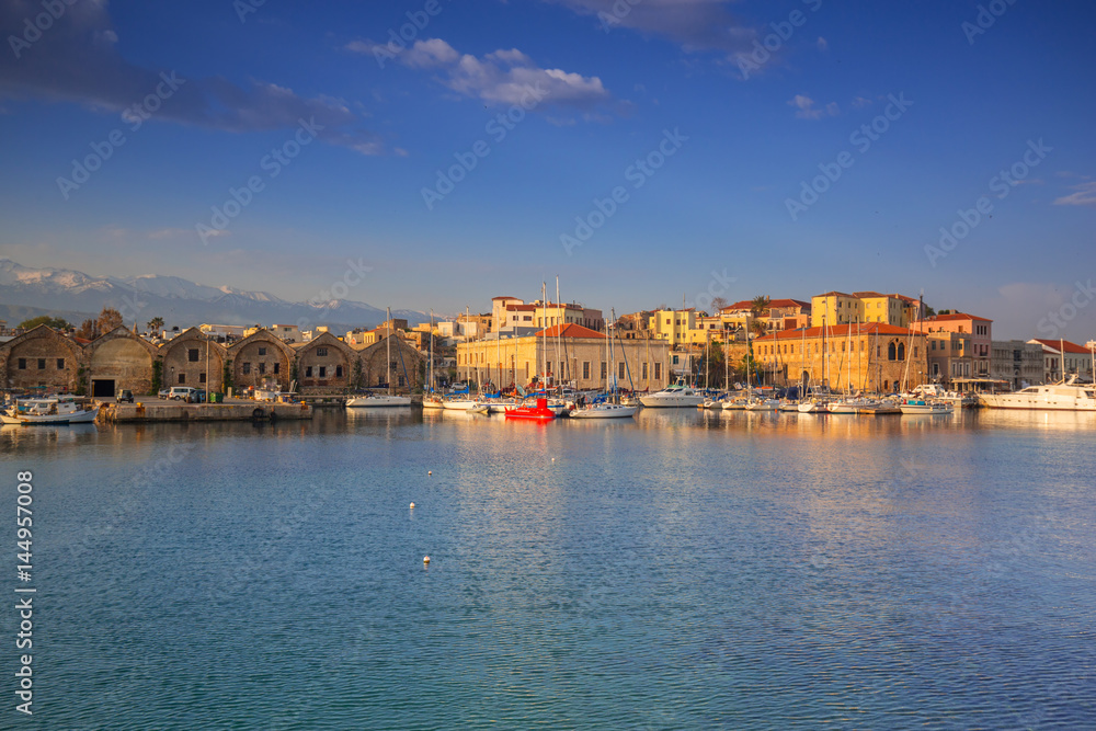 Old Venetian port of Chania at dawn, Crete. Greece